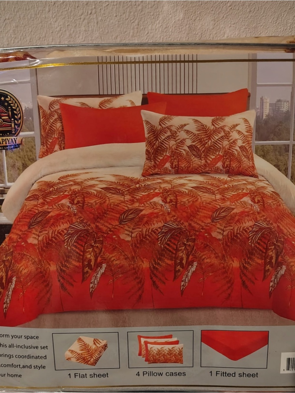 Red Tropical Fern Comforter Set - 5 Piece Bedding Set